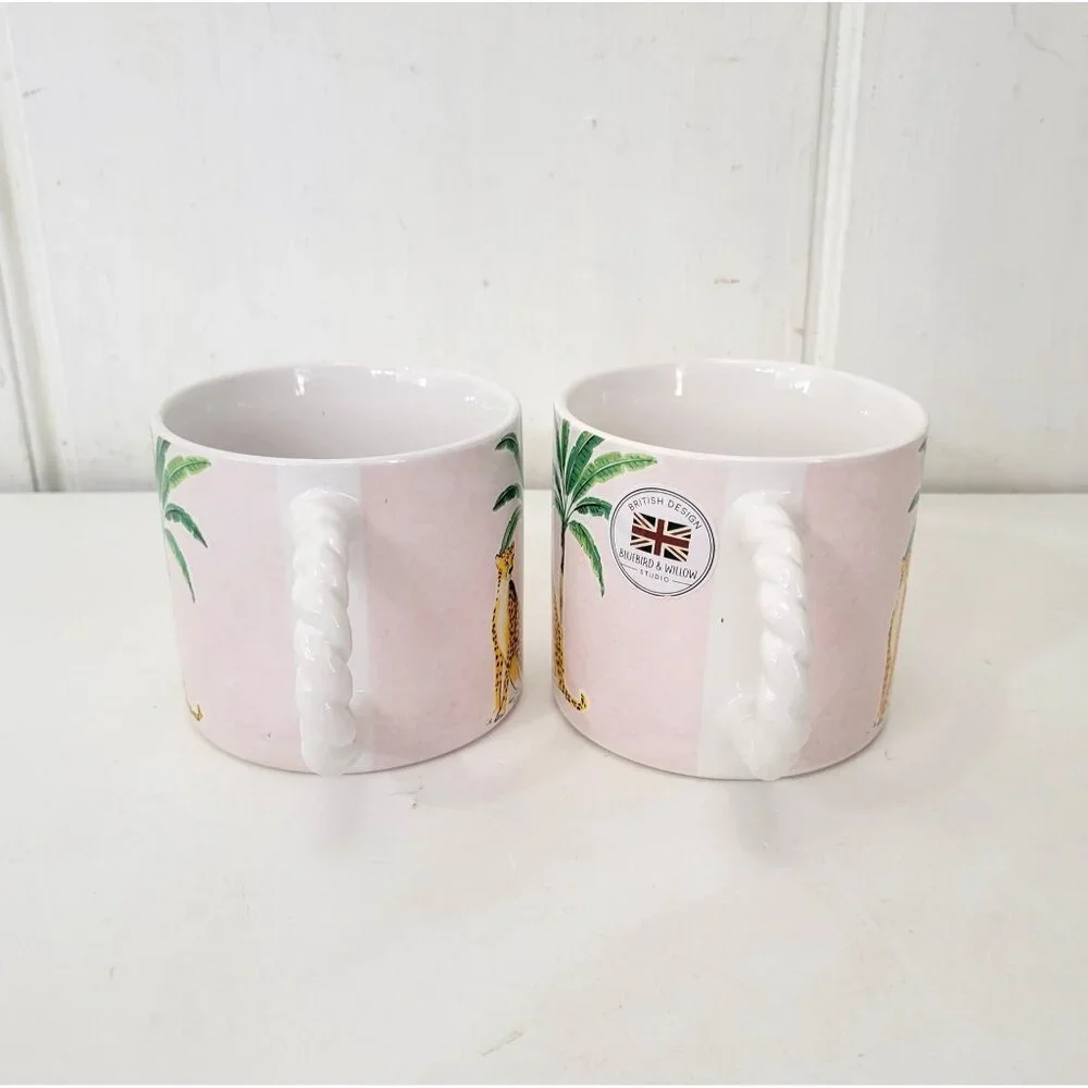 Set Of 2 Bluebird & Willow British Design Ceramic Mugs With Leopard & Palm Tree - Picture 3 of 9